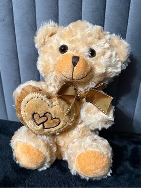 Cream Teddy Bear Plush Holding Heart Pillow Valentine’s Stuffed Animal Brown Bow